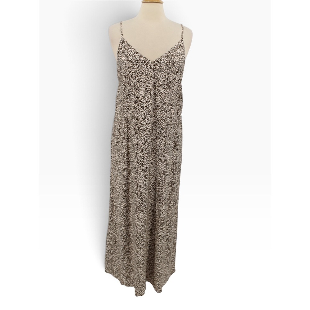 Jenni Kayne Slip Dress Large Maxi Leopard Print Spaghetti Strap Tan Brown